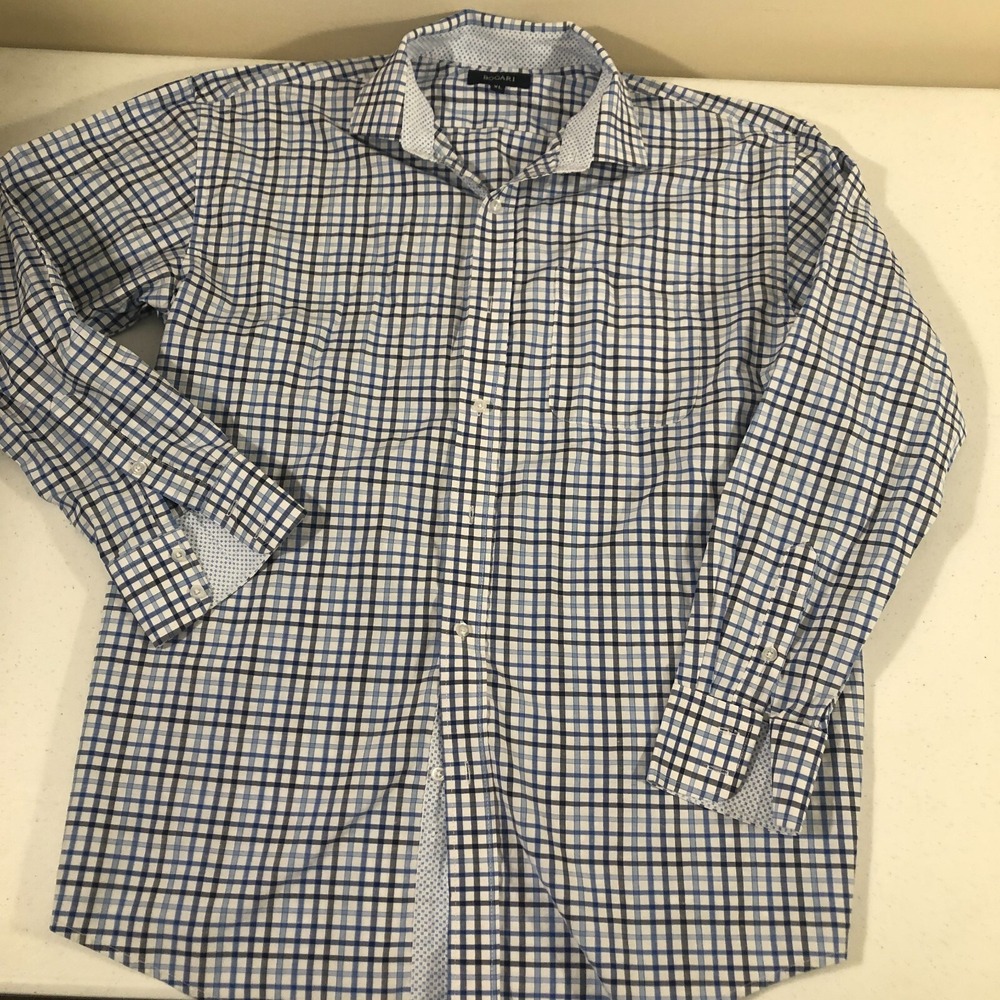 Bogari Mens Long Sleeve Button Up Shirt XL Blue Plaid Business Casual‎ Preppy